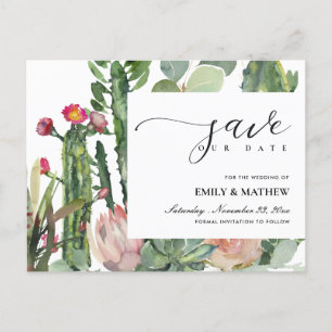 PINK FLORAL DESERT CACTI FOLIAGE SAVE THE DATE ANNOUNCEMENT POSTCARD