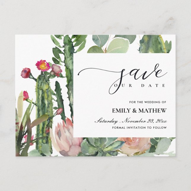PINK FLORAL DESERT CACTI FOLIAGE SAVE THE DATE ANNOUNCEMENT POSTCARD (Front)