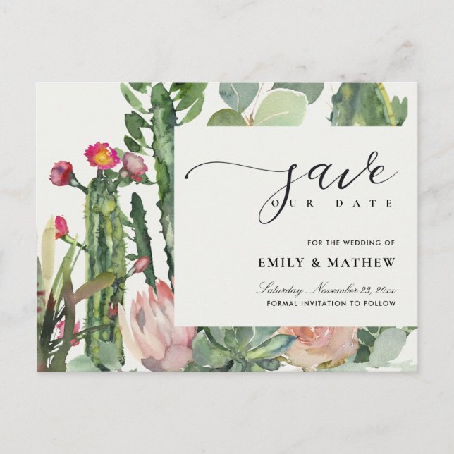 PINK FLORAL DESERT CACTI FOLIAGE SAVE THE DATE ANNOUNCEMENT POSTCARD (Front)