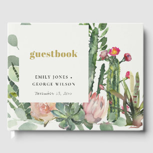 PINK FLORAL DESERT CACTI FOLIAGE WATERCOLOR GUEST BOOK