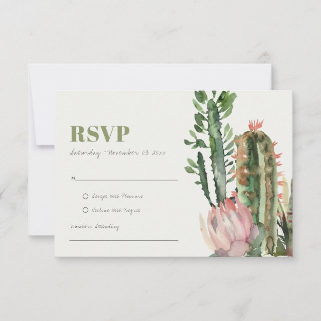 PINK FLORAL DESERT CACTI FOLIAGE WATERCOLOR RSVP (Front)