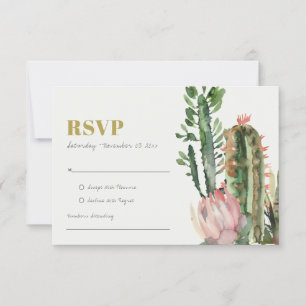 PINK FLORAL DESERT CACTI FOLIAGE WATERCOLOR RSVP CARD