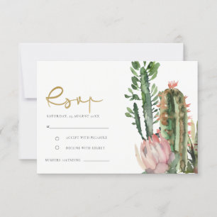 PINK FLORAL DESERT CACTI FOLIAGE WATERCOLOR RSVP CARD