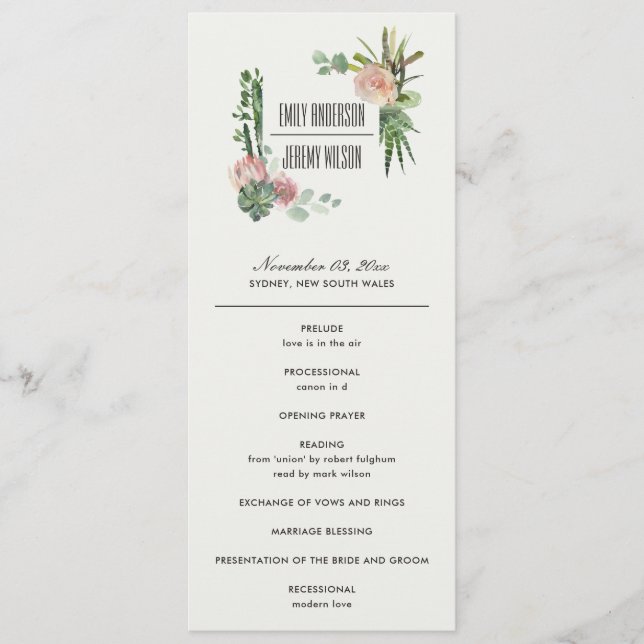 PINK FLORAL DESERT CACTI  WEDDING CEREMONY PROGRAM MENU (Front)