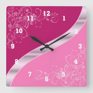 Pink Floral Design Square Wall Clock