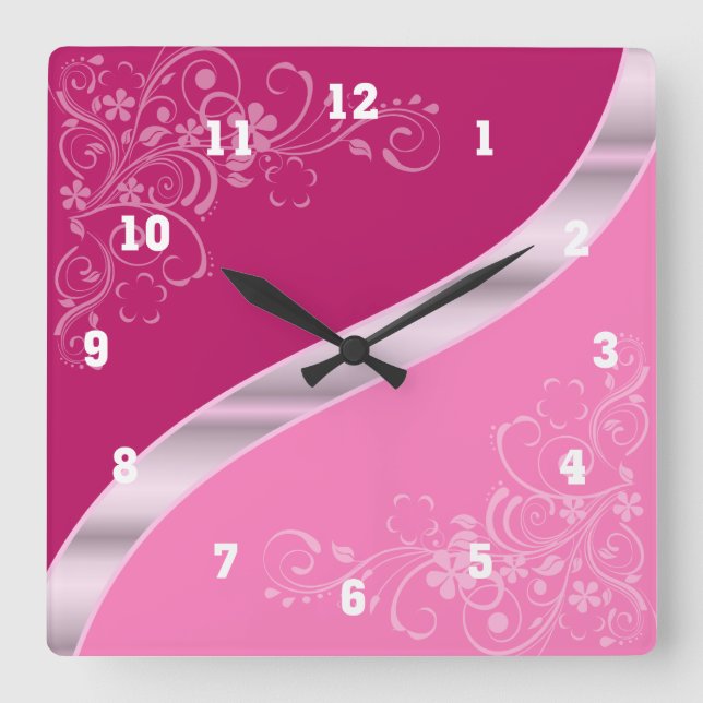 Pink Floral Design Square Wall Clock (Front)