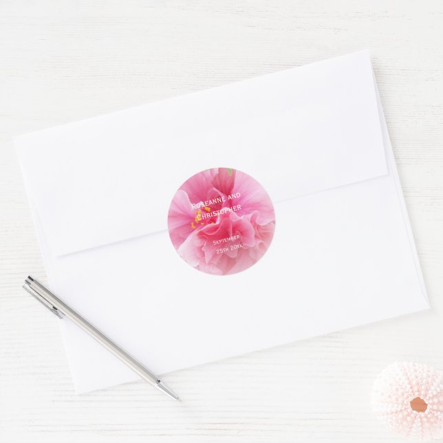 Pink Floral Design Wedding Classic Round Sticker (Envelope)