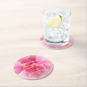 Pink Floral Design Wedding Round Paper Coaster