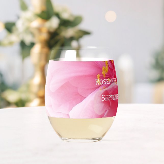 Pink Floral Design Wedding Stemless Wine Glass (Insitu (Wedding))
