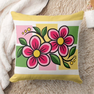Pink Floral Design with Green Leaves Cushion