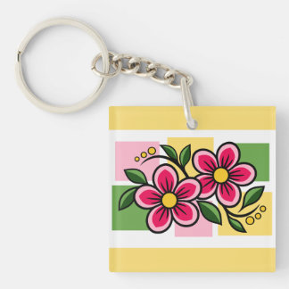 Pink Floral Design with Green Leaves Key Ring