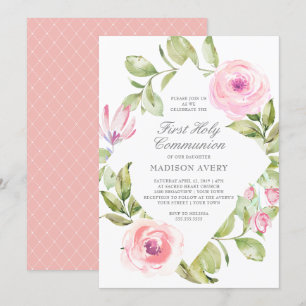 Pink Floral Diamond First Holy Communion Invitation