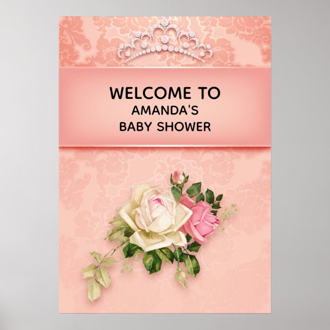 Pink floral & Diamond Tiara Princess Baby Shower Poster (Front)