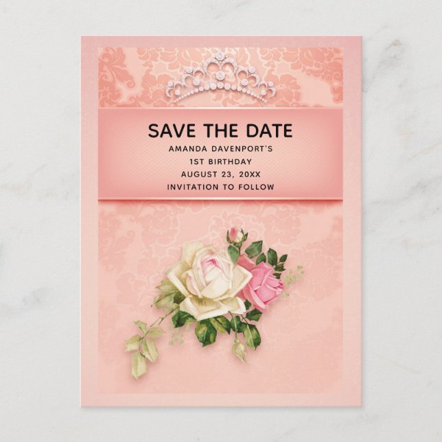 Pink floral & Diamond Tiara Princess Save the Date Invitation Postcard (Front)