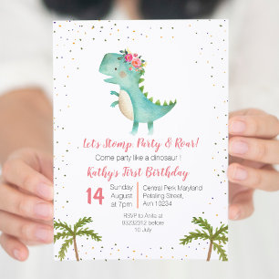 Pink Floral Dinosaur Birthday  Girl Invitation