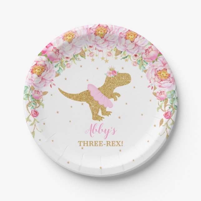 Pink Floral Dinosaur Birthday Party T-Rex 7" Paper Plate (Front)