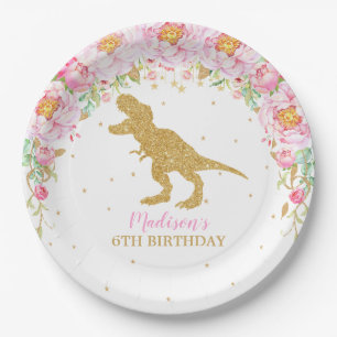 Pink Floral Dinosaur Birthday Party T-Rex Paper Plate