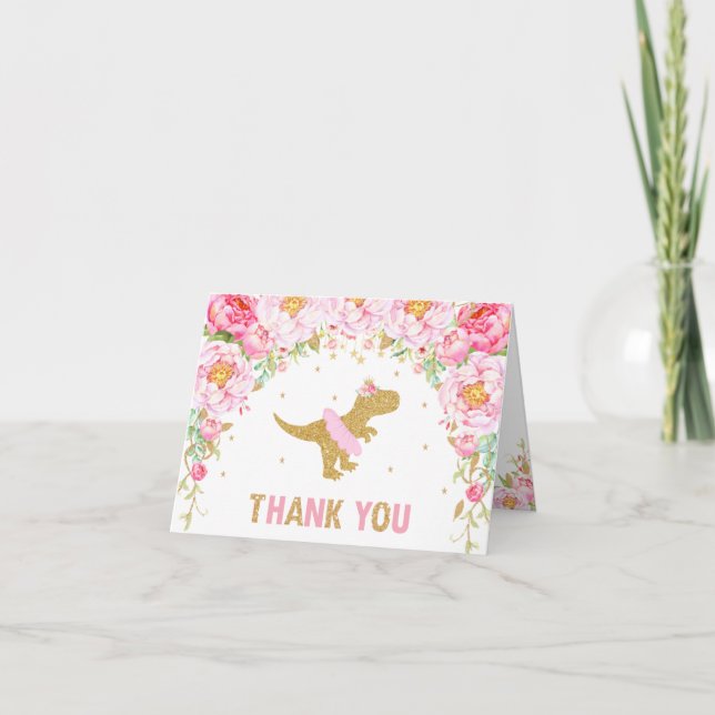 Pink Floral Dinosaur Birthday Party Thank You Card (Front)