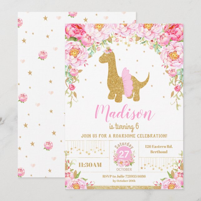 Pink Floral Dinosaur Brachiosaurus Birthday Girl Invitation (Front/Back)