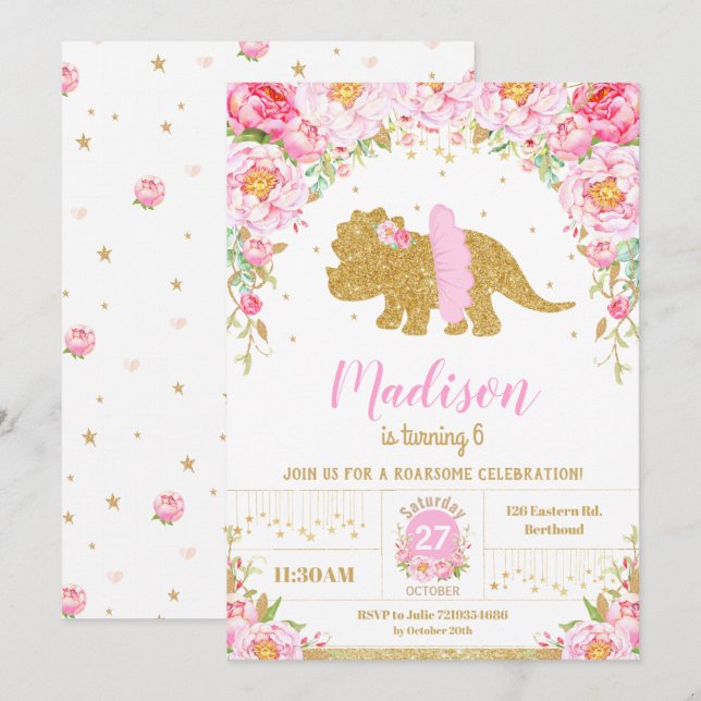 Pink Floral Dinosaur Triceratops Birthday Girl Invitation (Front/Back)