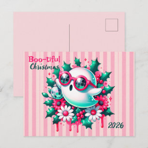 Pink Floral Disco Ball Ghost Christmas Postcard