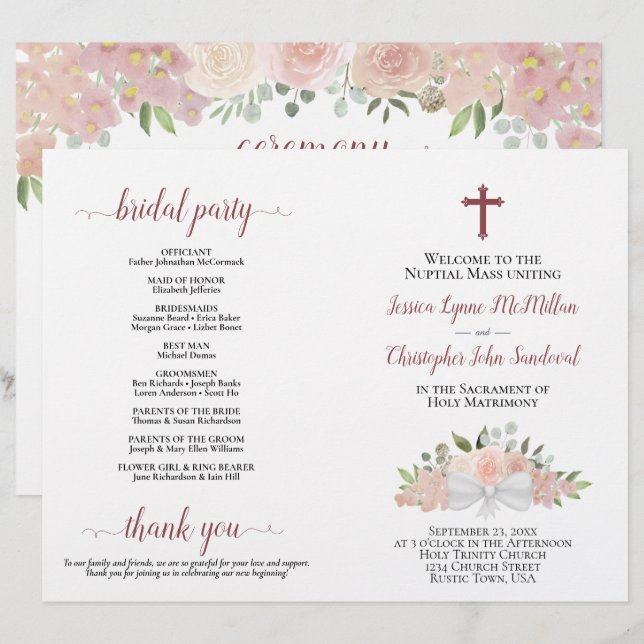 Pink Floral DIY Fold Catholic Wedding Program (Front/Back)