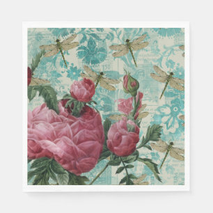 Pink Floral Dragonfly Ephemera Napkin