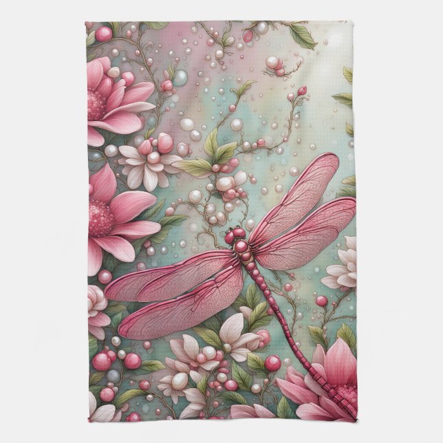 Pink Floral Dragonfly Kitchen Towel (Vertical)