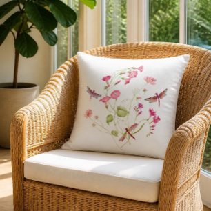 Pink Floral Dragonfly Throw Pillow