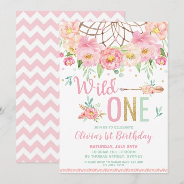 Pink Floral Dream Catcher Wild One 1st Birthday Invitation (Front/Back)