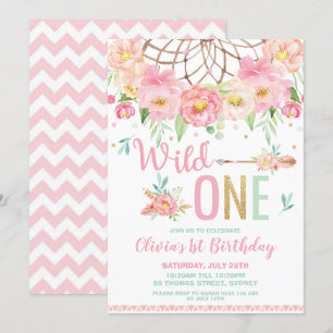 Pink Floral Dream Catcher Wild One 1st Birthday Invitation