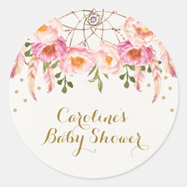 Pink Floral Dreamcatcher Shower Thank You Favours Classic Round Sticker (Front)