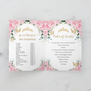 Pink Floral Dress Gold Quinceañera Order of Events Programme