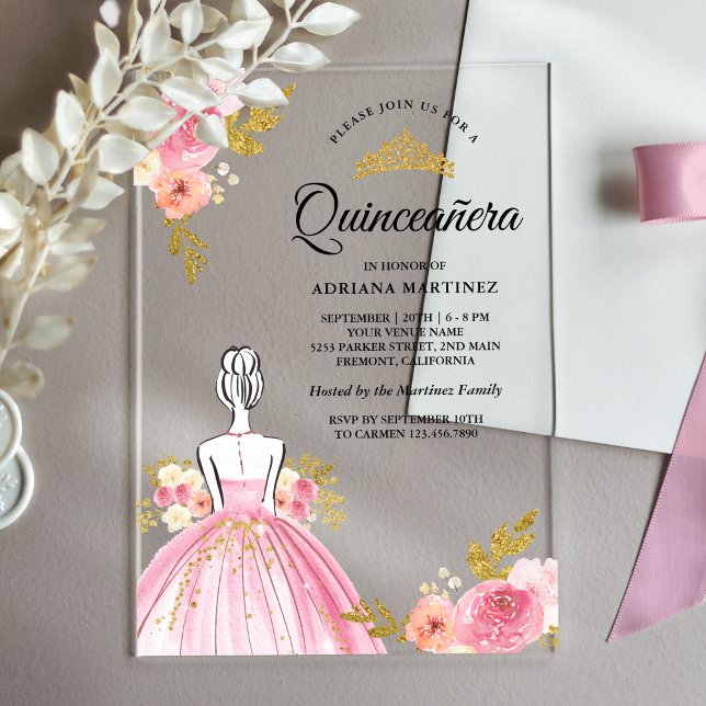 Pink Floral Dress Princess Gold Quinceanera Acrylic Invitations (Creator Uploaded)