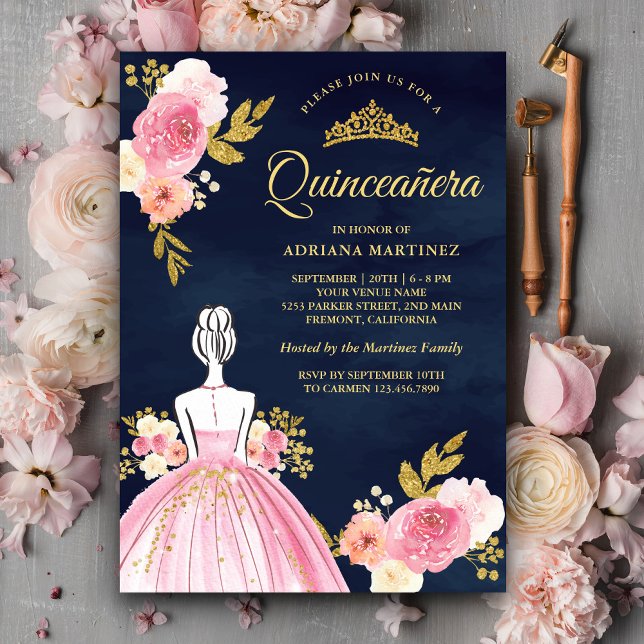 Pink Floral Dress Princess Navy Blue Quinceanera Invitation (Creator Uploaded)
