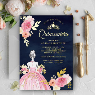 Pink Floral Dress Princess Navy Quinceanera Gold