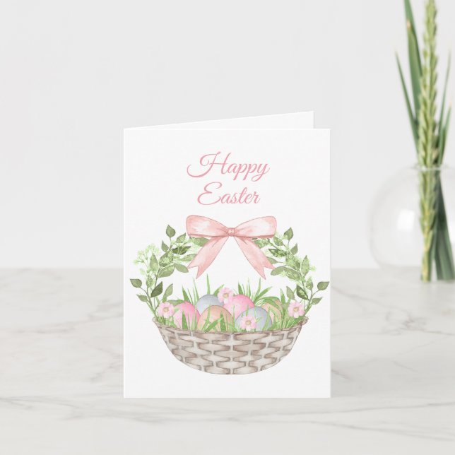 Pink Floral Easter Basket Holiday Card (Front)