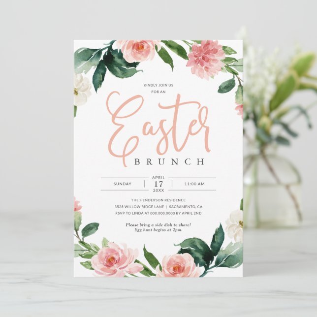 Pink Floral Easter Brunch Holiday Invitation (Standing Front)