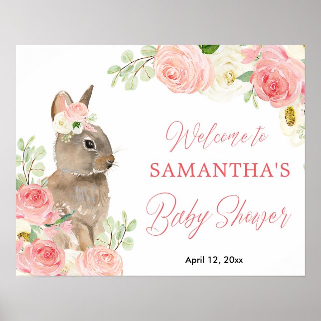 Pink floral Easter bunny baby shower welcome sign (Front)