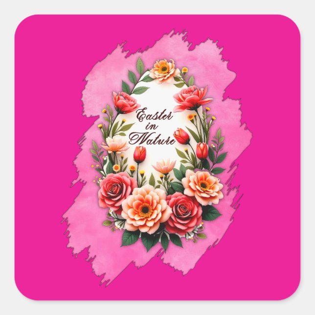 Pink Floral Easter Egg – Spring Art - Autocolante Square Sticker (Front)