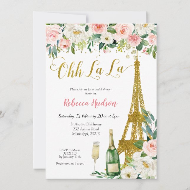 Pink Floral Eiffel Paris Bridal Shower Invitation (Front)