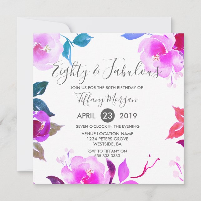 Pink Floral Eighty & Fabulous 80th Birthday Party Invitation (Front)