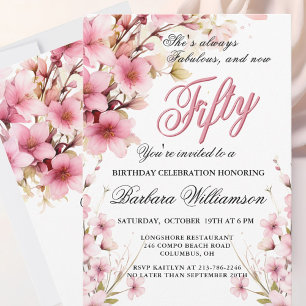 Pink Floral Elegance 50th & Fab Birthday Party Holiday Card