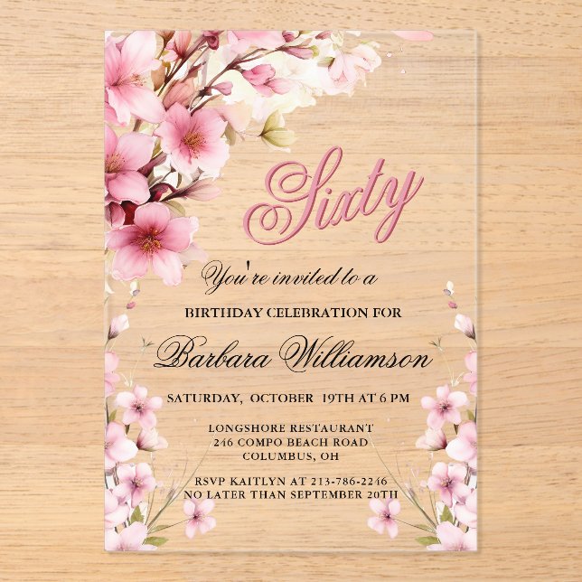 Pink Floral Elegance 60th Birthday Party Acrylic Invitations (Front)
