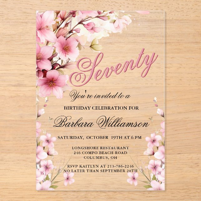 Pink Floral Elegance 70th Birthday Party Acrylic Invitations (Front)