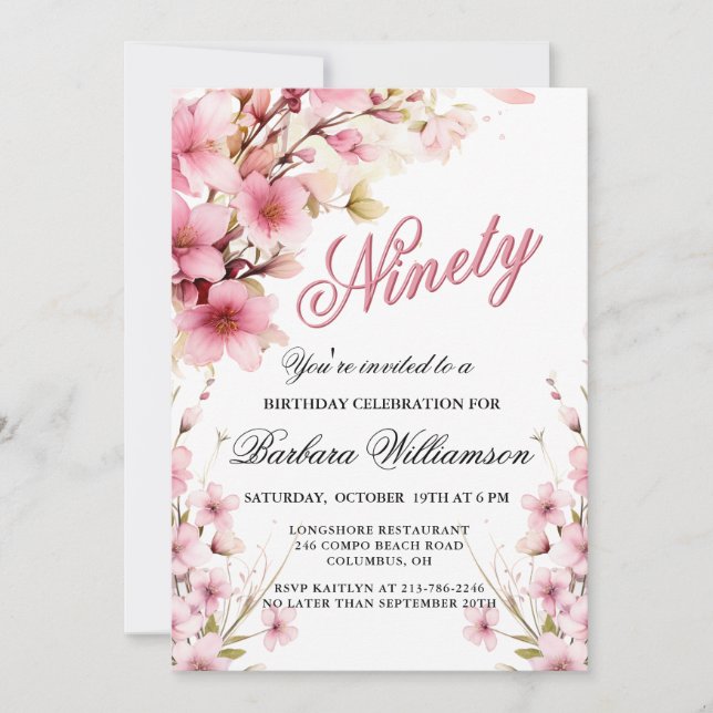 Pink Floral Elegance 90th Birthday Party Invitation (Front)