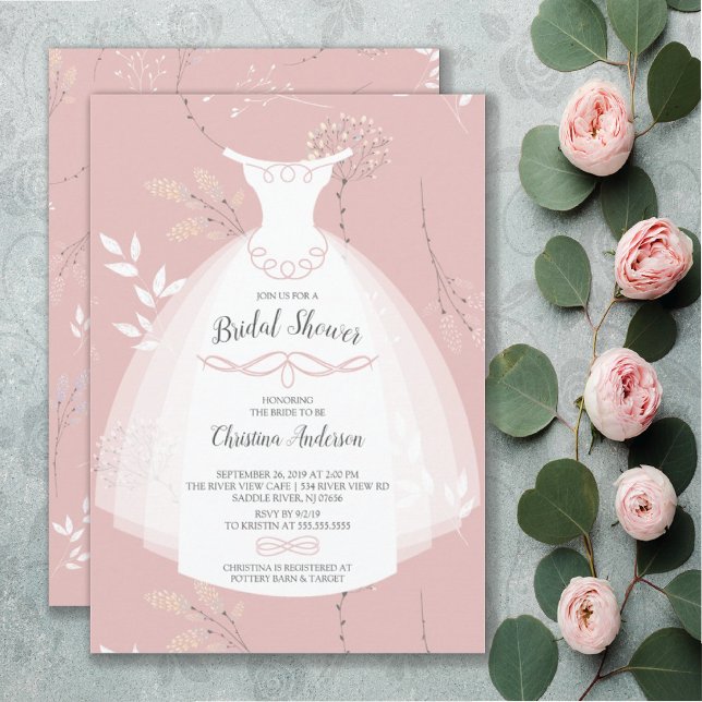 Pink Floral Elegance Bride Gown Bridal Shower Invitation (Creator Uploaded)