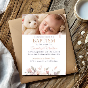 Pink Floral Elegance with Photo and Cross Baptism Invitation