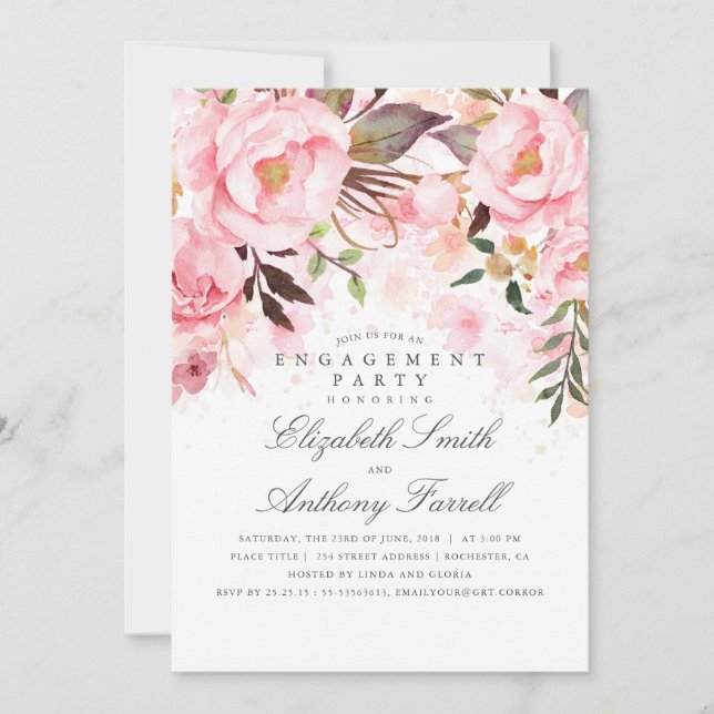 Pink Floral Elegant and Modern Engagement Party Invitation (Front)