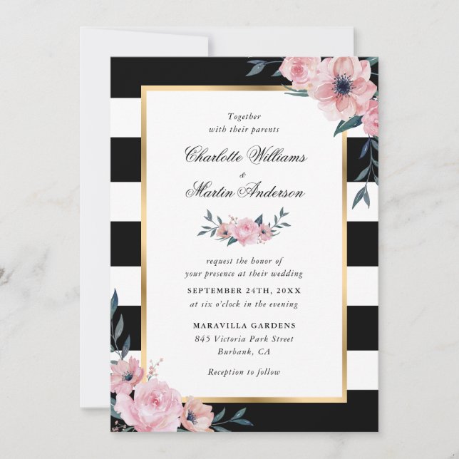 Pink Floral Elegant Black White Striped Wedding Invitation (Front)